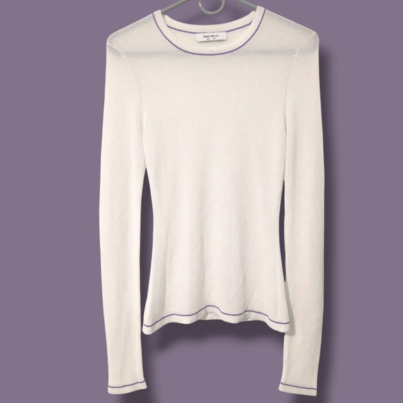 Ena Pelly White Contrast Stitching Cotton Sheer Slim Long Sleeve Willow Knit Top - Picture 1 of 9